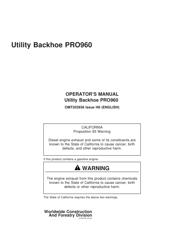 John Deere PRO960 Attachments Operator's Manuals (OMT203936)