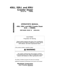 John Deere 450J, 550J, 650J Crawler Dozers Operator's Manuals (OMT204685)
