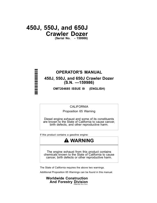 John Deere 450J, 550J, 650J Crawler Dozers Operator's Manuals (OMT204685)