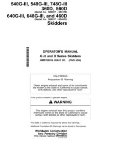 John Deere 540GIII, 548GIII, 640GIII, 648GIII, 748GIII, 360D, 460D, 560D Skidders Operator's Manuals (OMT206226)