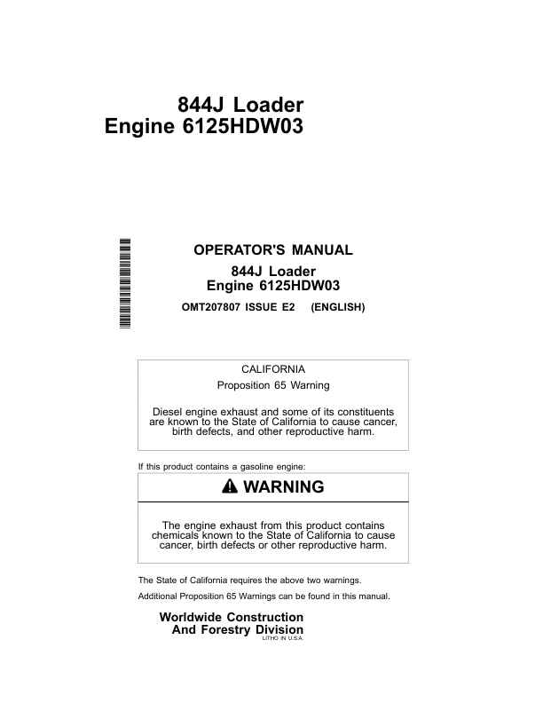 John Deere 844J Loaders Operator's Manuals (OMT207807)