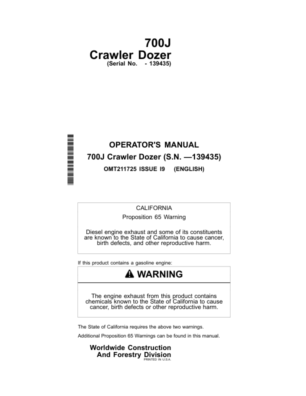 John Deere 700J Crawler Dozers Operator's Manuals (OMT211725)