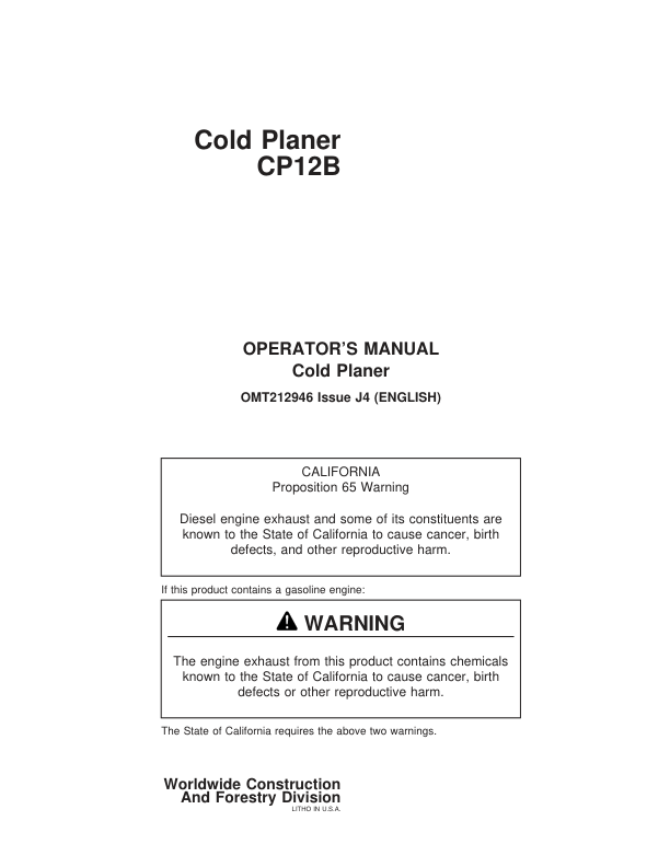 John Deere CP12B Attachments Operator's Manuals (OMT212946)