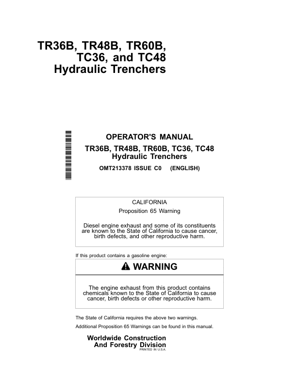 John Deere TR36B, TR48B, TR60B, TC36, TC48 Worksite Pro Attachments Operator's Manuals (OMT213378)