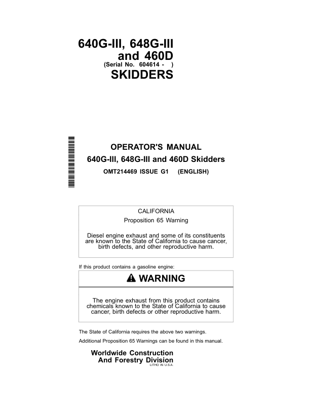 John Deere 640GIII, 648GIII, 460D Skidders Operator's Manuals (OMT214469)