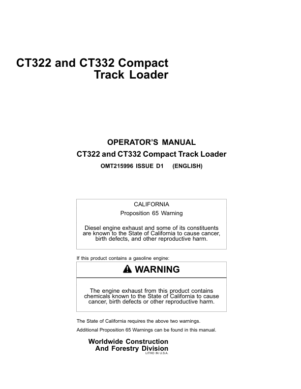 John Deere CT322, CT332 Skid Steers Operator's Manuals (OMT215996)