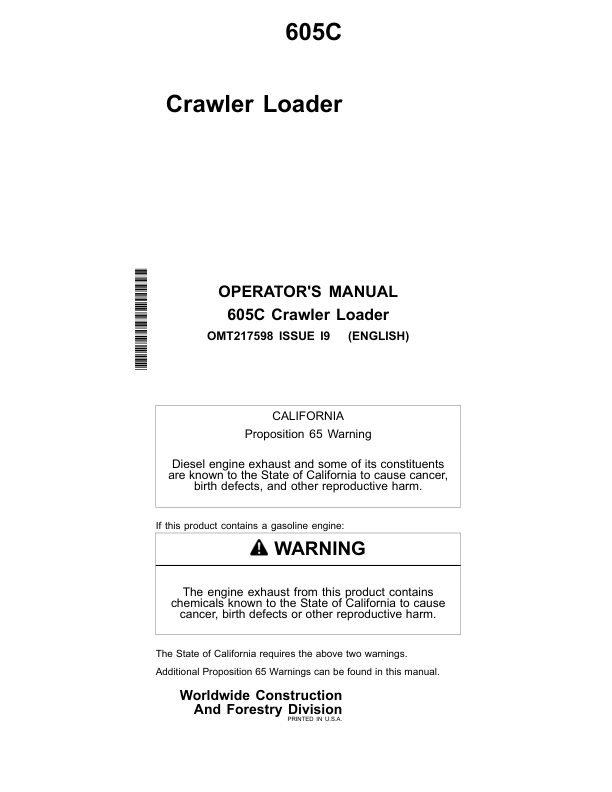 John Deere 605C Crawler Loaders Operator's Manuals (OMT217598)