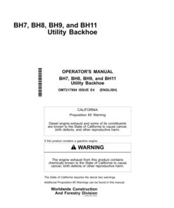 John Deere BH7, BH8, BH9, BH11 Utility Backhoes Operator's Manuals (OMT217884)