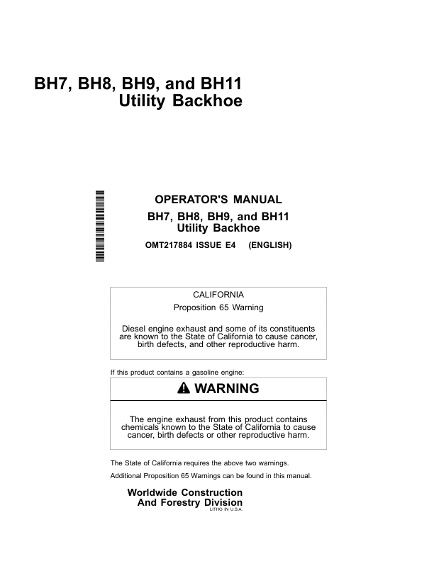 John Deere BH7, BH8, BH9, BH11 Utility Backhoes Operator's Manuals (OMT217884)
