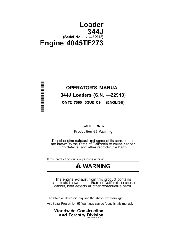 John Deere 344J Loaders Operator's Manuals (OMT217890)