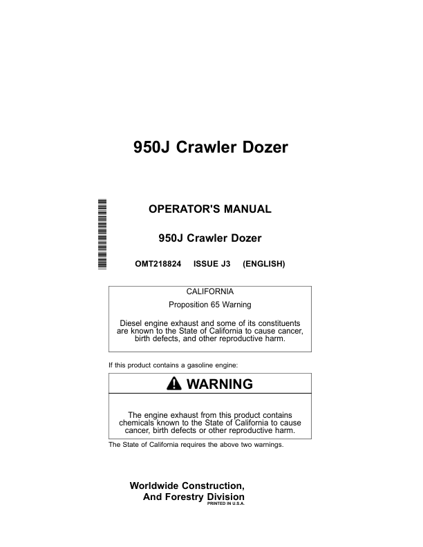 John Deere 950J Crawler Dozers Operator's Manuals (OMT218824)