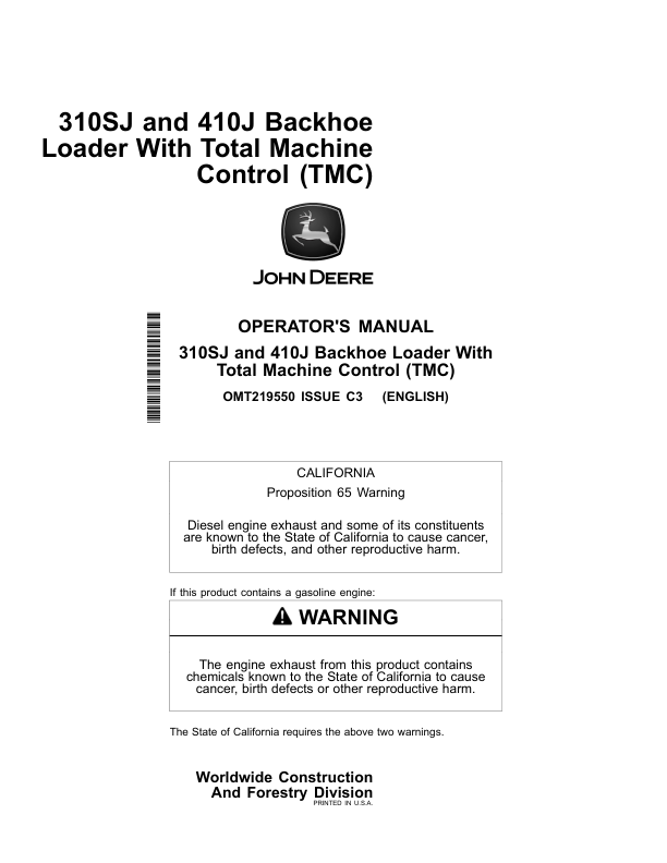 John Deere 310SJ, 410J Backhoe Loaders Operator's Manuals (OMT219550)