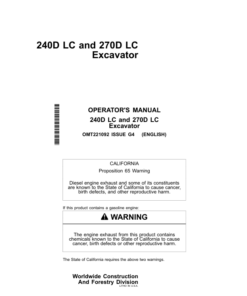 John Deere 240DLC Excavators Operator's Manuals (OMT221092)