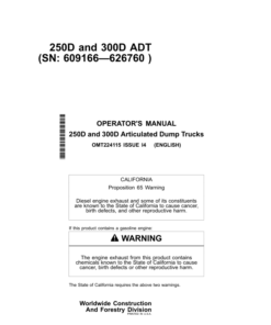 John Deere 250D, 300D Articulated Dump Trucks Operator's Manuals (OMT224115)