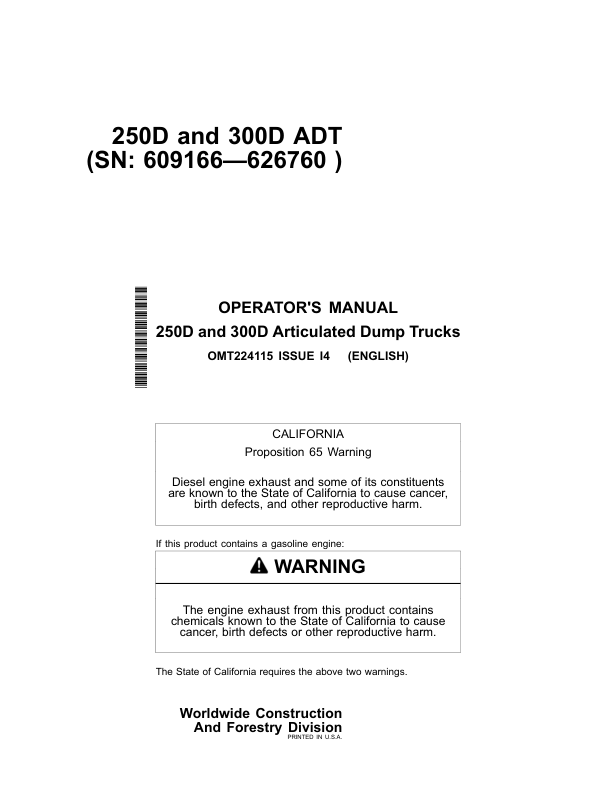 John Deere 250D, 300D Articulated Dump Trucks Operator's Manuals (OMT224115)