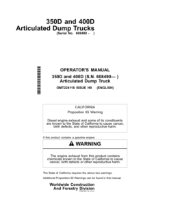 John Deere 350D, 400D Articulated Dump Trucks Operator's Manuals (OMT224118)