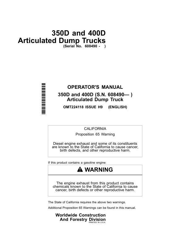 John Deere 350D, 400D Articulated Dump Trucks Operator's Manuals (OMT224118)