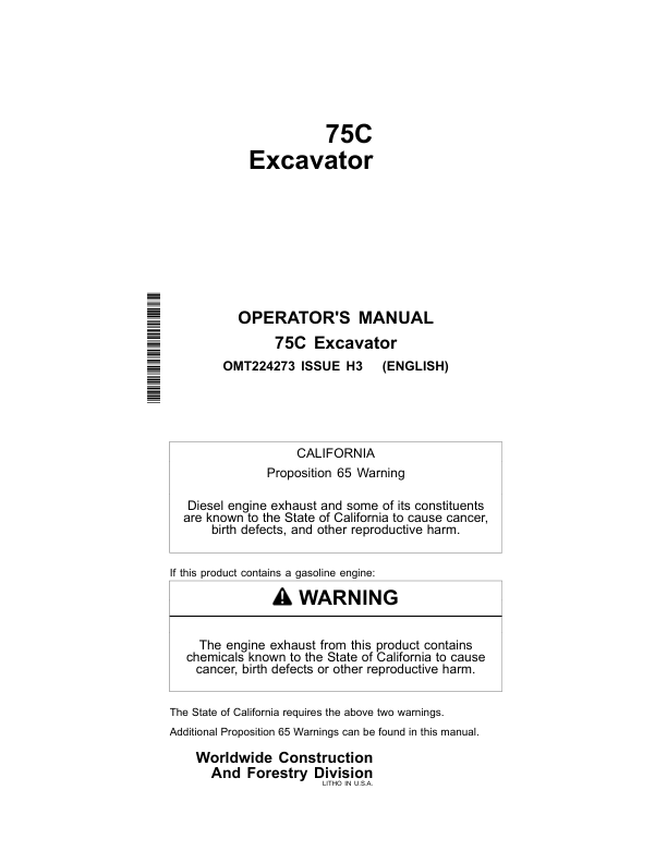 John Deere 75C Excavators Operator's Manuals (OMT224273)