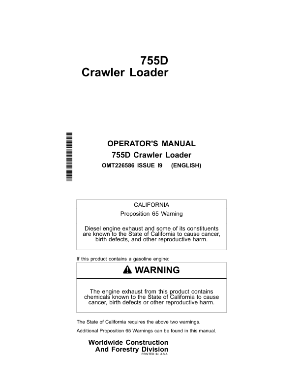 John Deere 755D Crawler Loaders Operator's Manuals (OMT226586)