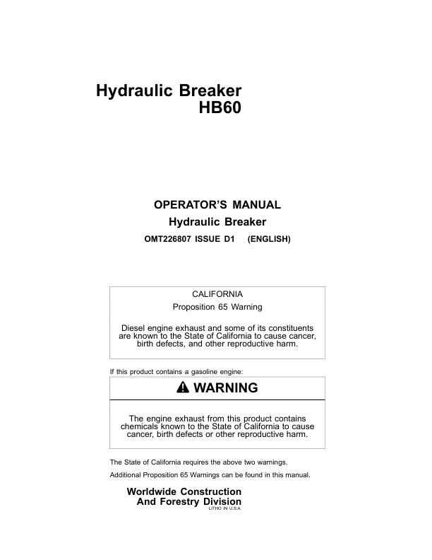 John Deere HB60, HB85 Hydraulic Breakers Operator's Manuals (OMT226807)