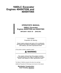 John Deere 160DLC Excavators Operator's Manuals (OMT226911)
