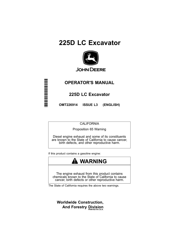 John Deere 225DLC Excavators Operator's Manuals (OMT226914)