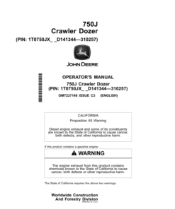 John Deere 750J Crawler Dozers Operator's Manuals (OMT227146)