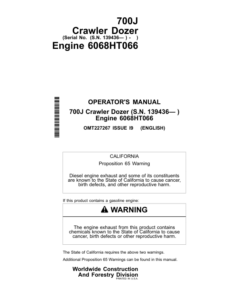 John Deere 700J Crawler Dozers Operator's Manuals (OMT227267)