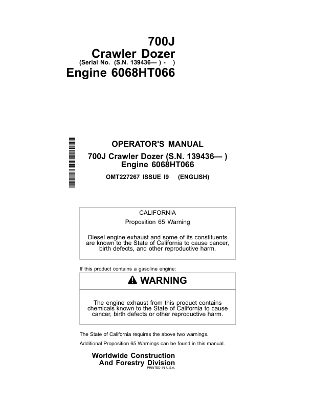 John Deere 700J Crawler Dozers Operator's Manuals (OMT227267)