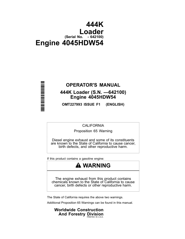 John Deere 444K Loaders Operator's Manuals (OMT227993)
