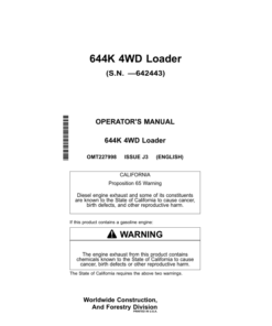 John Deere 644K Loaders Operator's Manuals (OMT227998)