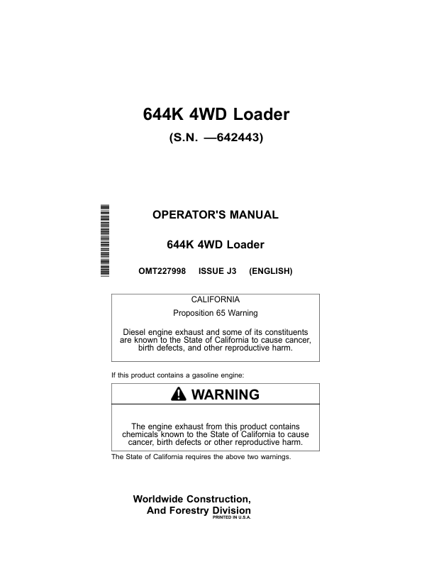 John Deere 644K Loaders Operator's Manuals (OMT227998)