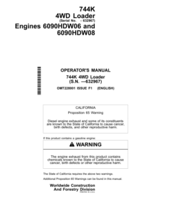 John Deere 744K Loaders Operator's Manuals (OMT228001)