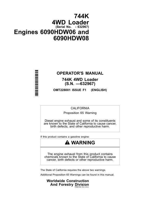 John Deere 744K Loaders Operator's Manuals (OMT228001)