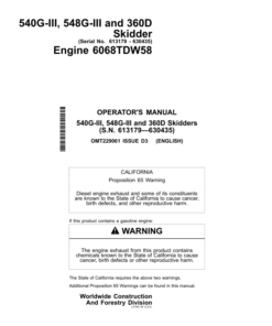 John Deere 540GIII, 548GIII, 360D Skidders Operator's Manuals (OMT229061)
