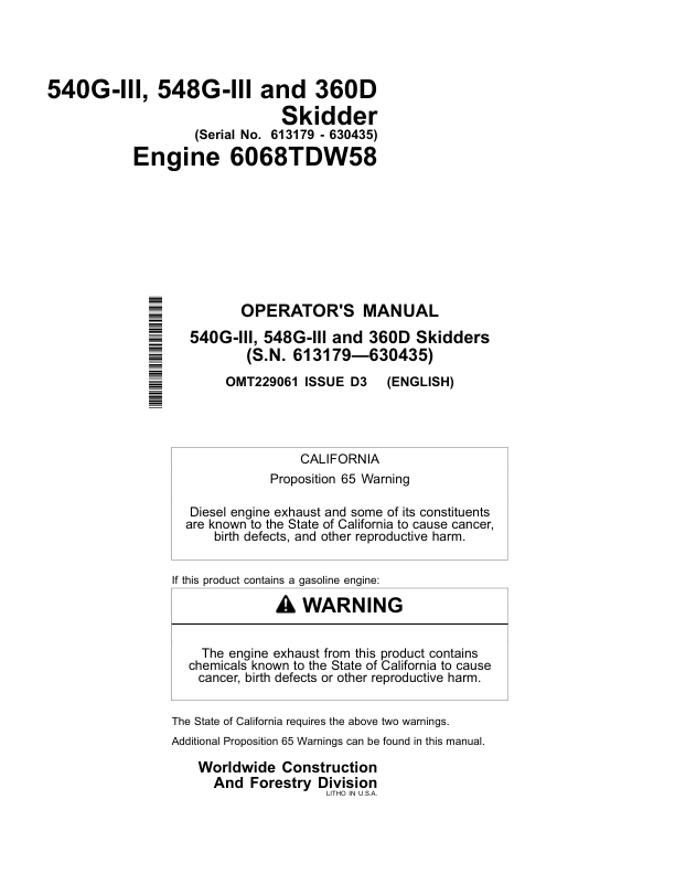 John Deere 540GIII, 548GIII, 360D Skidders Operator's Manuals (OMT229061)