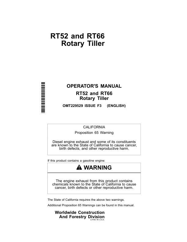 John Deere RT52, RT66 Attachments Operator's Manuals (OMT229529)