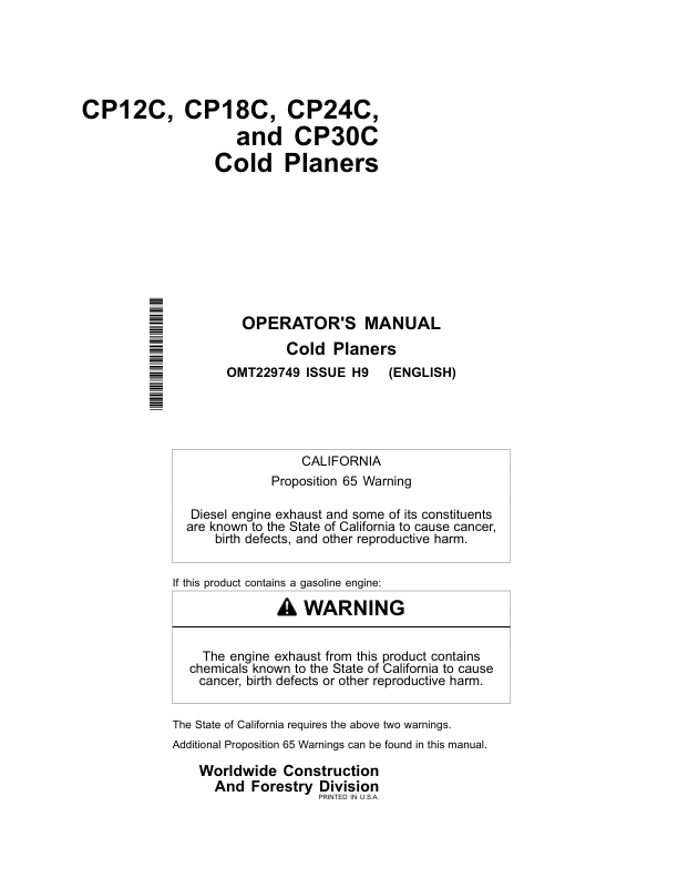 John Deere CP12C, CP18C, CP24C, CP30C Worksite Pro Attachments Operator's Manuals (OMT229749)