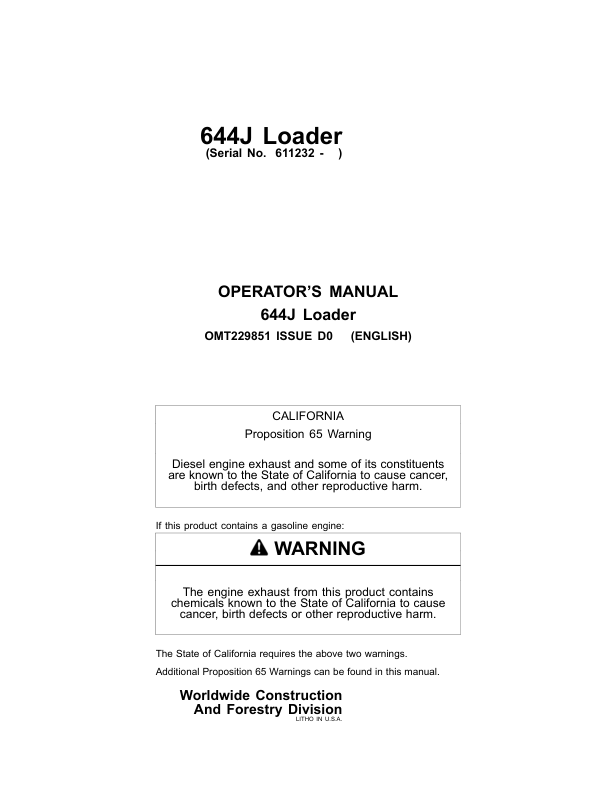 John Deere 644J Loaders Operator's Manuals (OMT229851)