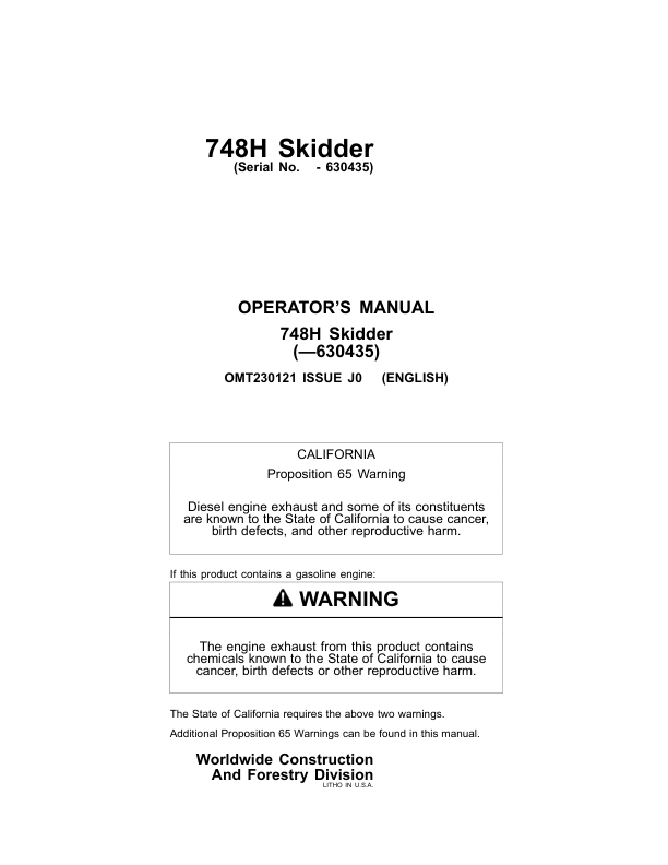 John Deere 748H Skidders Operator's Manuals (OMT230121)