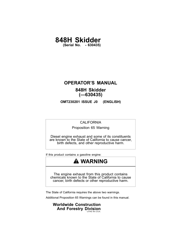 John Deere 848H Skidders Operator's Manuals (OMT230201)
