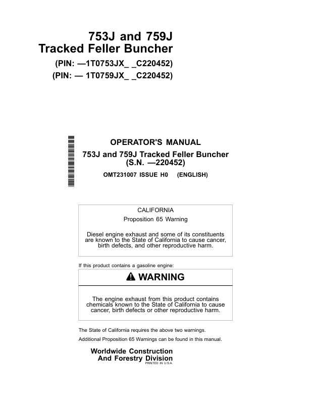 John Deere 753J, 759J Tracked Feller Bunchers Operator's Manuals (OMT231007)