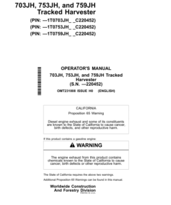 John Deere 703JH, 753JH, 759JH Tracked Harvesters Operator's Manuals (OMT231008)