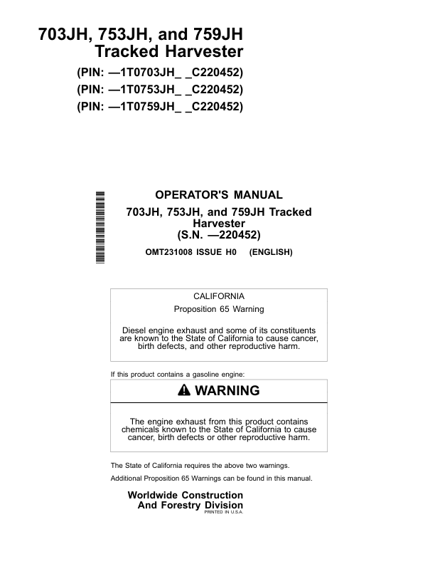 John Deere 703JH, 753JH, 759JH Tracked Harvesters Operator's Manuals (OMT231008)