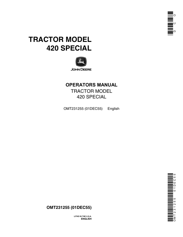 John Deere Tractor Model 420 Special Operator's Manual (OMT231255)