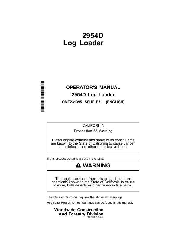 John Deere 2954D Loggers Operator's Manuals (OMT231395)