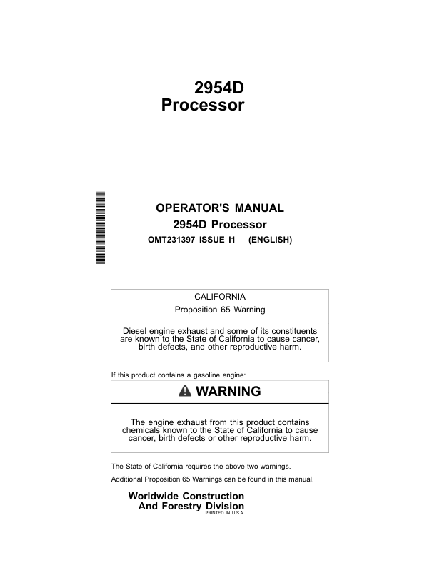 John Deere 2954D Loggers Operator's Manuals (OMT231397)
