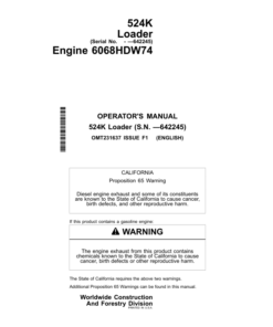 John Deere 524K Loaders Operator's Manuals (OMT231637)