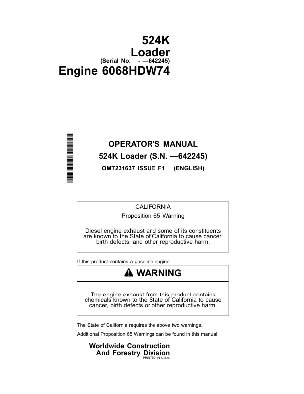 John Deere 524K Loaders Operator's Manuals (OMT231637)