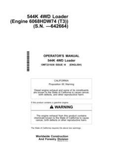 John Deere 544K Loaders Operator's Manuals (OMT231639)